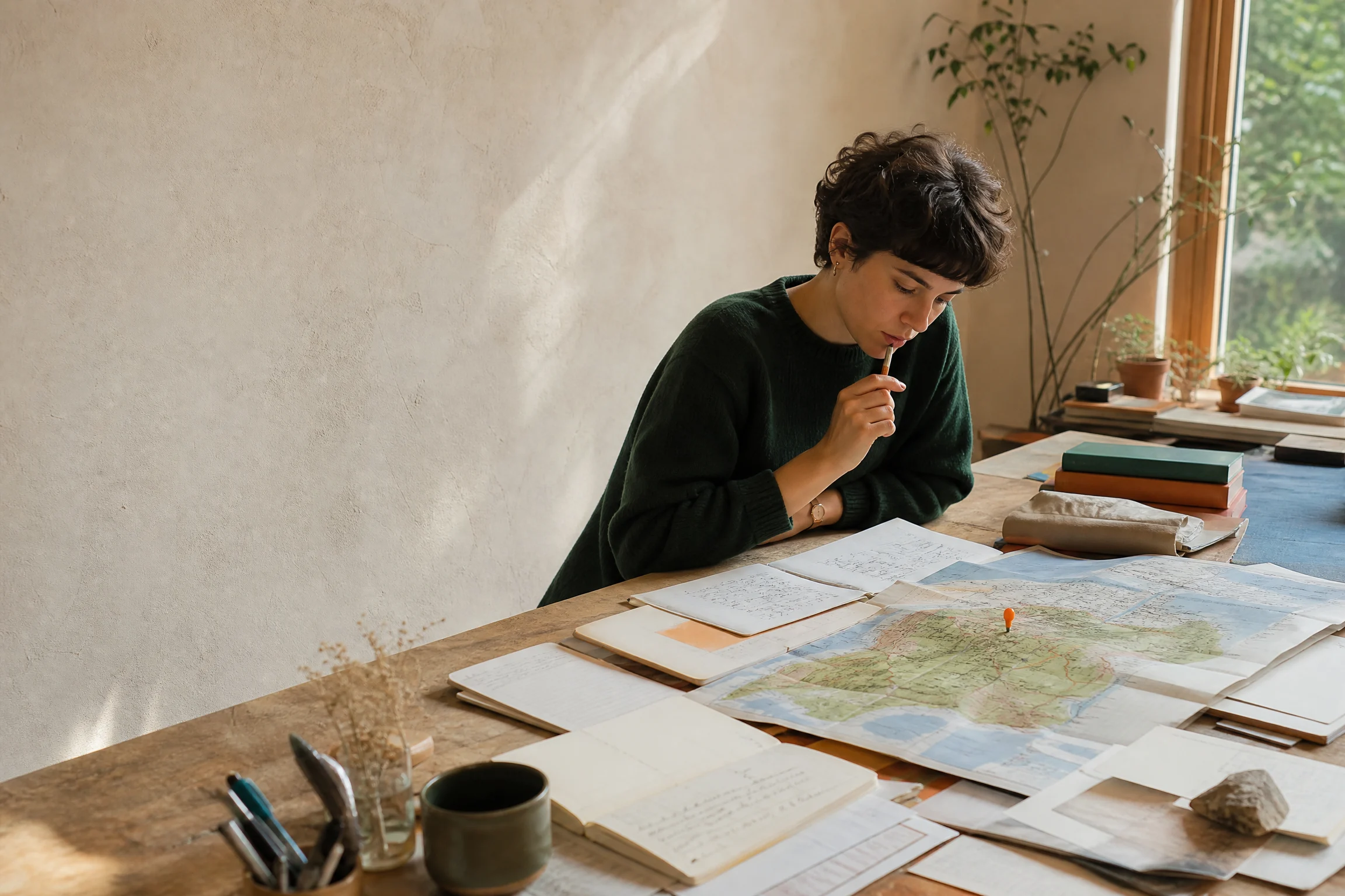 Professional reviewing a work map at a field table