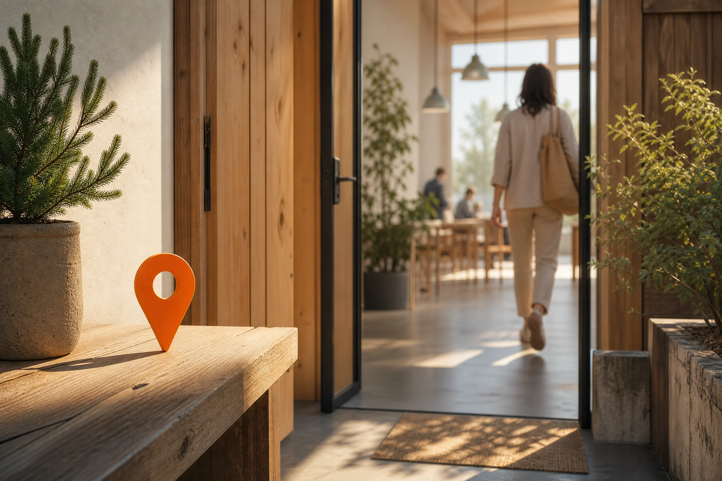 Morning studio entrance with an orange survey pin