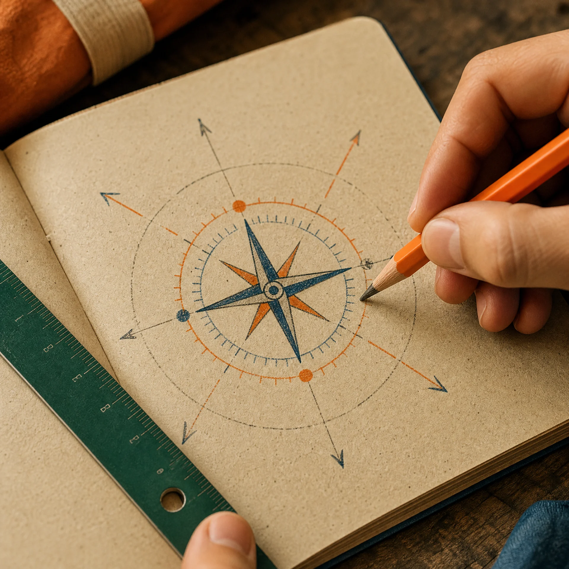 Hand marking a paper decision compass